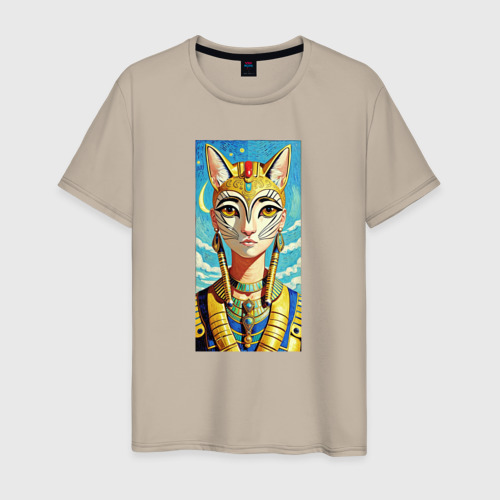 Мужская футболка хлопок Египетская девушка кошка аниме, цвет миндальный