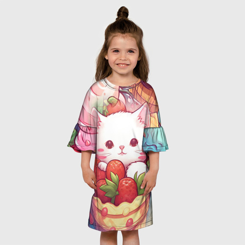 Детское платье 3D с принтом Котик в клубничном стакане, вид сбоку #3