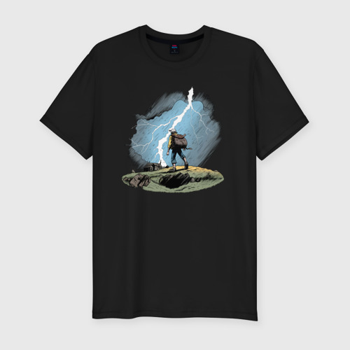 Мужская футболка хлопок Slim с принтом Дурак на холме ловит молнию, вид спереди #2
