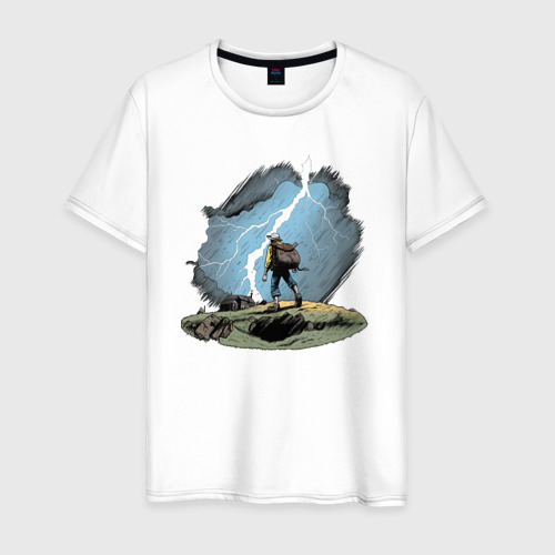 Мужская футболка из хлопка с принтом Дурак на холме ловит молнию, вид спереди №1
