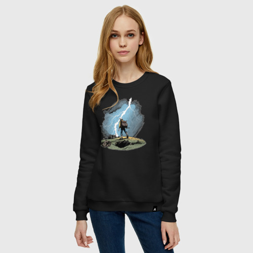 Женский свитшот хлопок Дурак на холме ловит молнию, цвет черный - фото 3