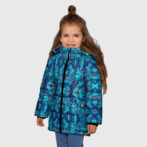 Зимняя куртка для девочек 3D с принтом Синий калейдоскоп, фото на моделе #1
