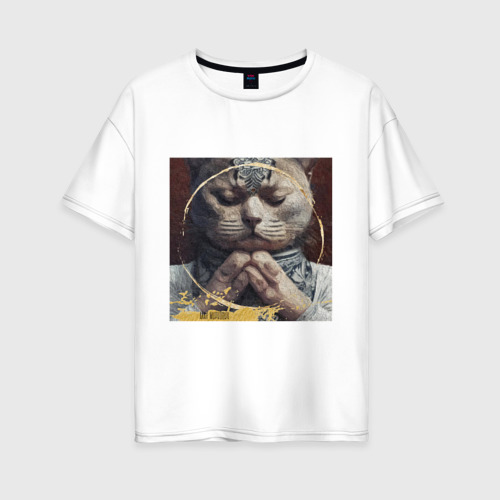 Женская футболка оверсайз из хлопка с принтом Шотландский кот, вид спереди №1