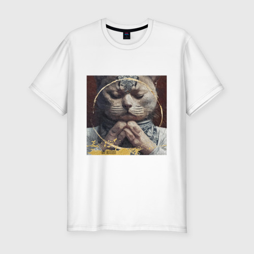 Мужская приталенная футболка из хлопка с принтом Шотландский кот, вид спереди №1