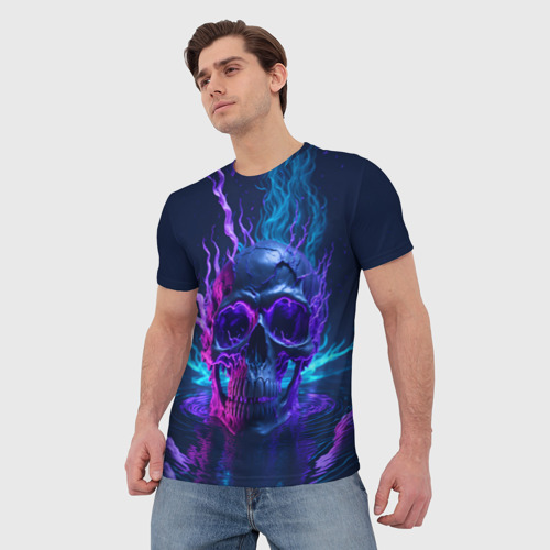 Мужская футболка 3D Неоновый череп в огне, цвет 3D печать - фото 3