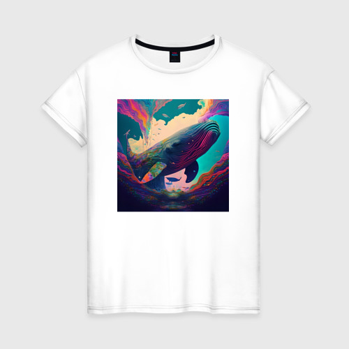 Женская футболка из хлопка с принтом Красочный психоделический кит - нейросеть, вид спереди №1