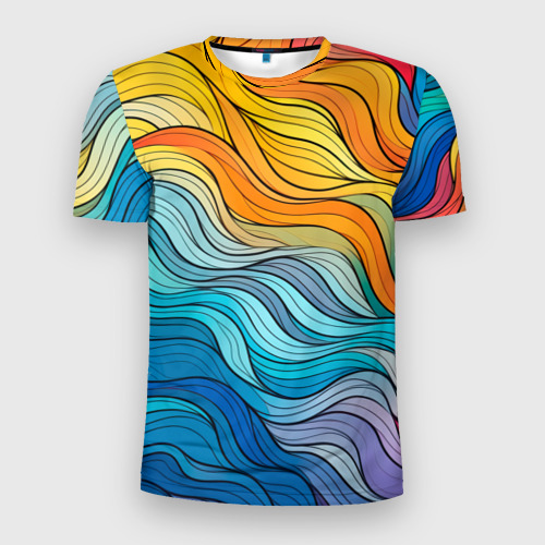 Мужская футболка 3D Slim с принтом Цветовой волнообразный паттерн, вид спереди #2