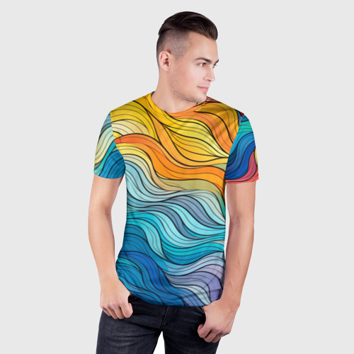 Мужская футболка 3D Slim с принтом Цветовой волнообразный паттерн, фото на моделе #1