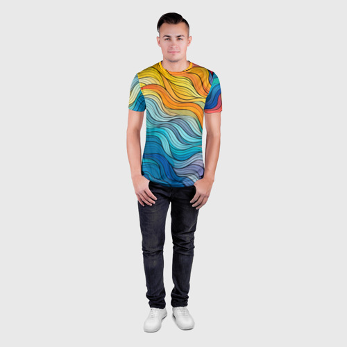 Мужская футболка 3D Slim с принтом Цветовой волнообразный паттерн, вид сбоку #3