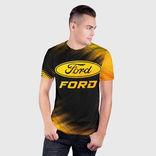Мужская футболка 3D Slim с принтом Ford - gold gradient, фото на моделе #1