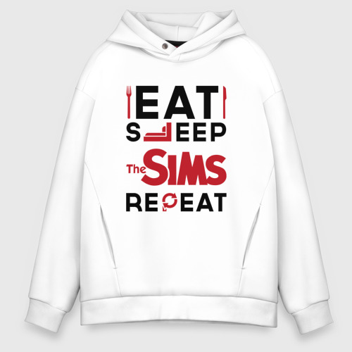 Мужское худи Oversize хлопок Надпись: eat sleep The Sims repeat, цвет белый