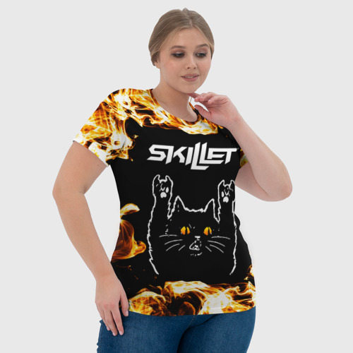 Женская футболка 3D Skillet рок кот и огонь, цвет 3D печать - фото 6