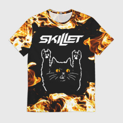 Мужская футболка 3D Skillet рок кот и огонь