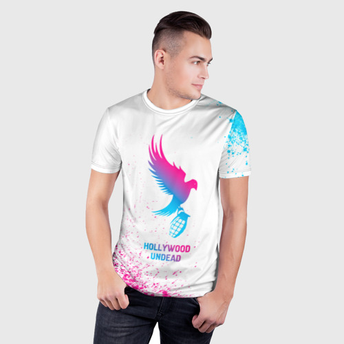 Мужская футболка 3D Slim с принтом Hollywood Undead neon gradient style, фото на моделе #1