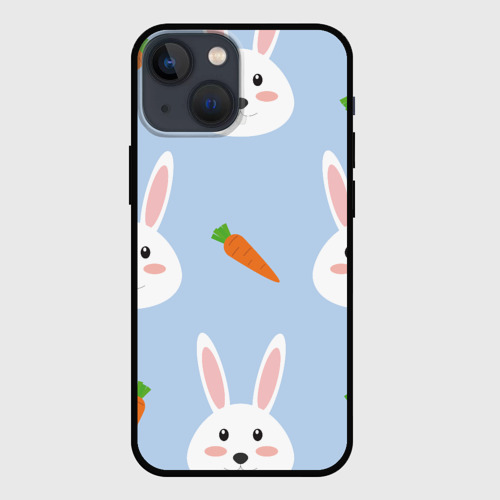 Чехол для iPhone 13 mini с принтом Зайчики и морковки, вид спереди #2
