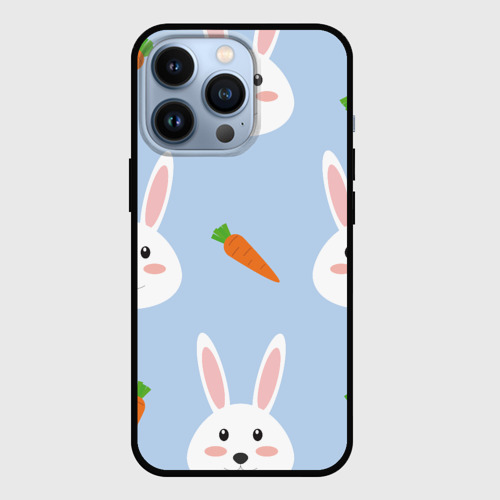 Чехол для iPhone 13 Pro с принтом Зайчики и морковки, вид спереди #2