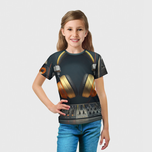Детская футболка 3D с принтом Золотые наушники, вид сбоку #3