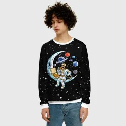 Мужской свитшот 3D Skeleton astronaut eats pizza while sitting on the moon - фото 2