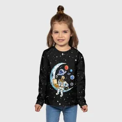 Детский лонгслив 3D Skeleton astronaut eats pizza while sitting on the moon - фото 2