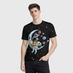 Мужская футболка 3D Skeleton astronaut eats pizza while sitting on the moon - фото 2