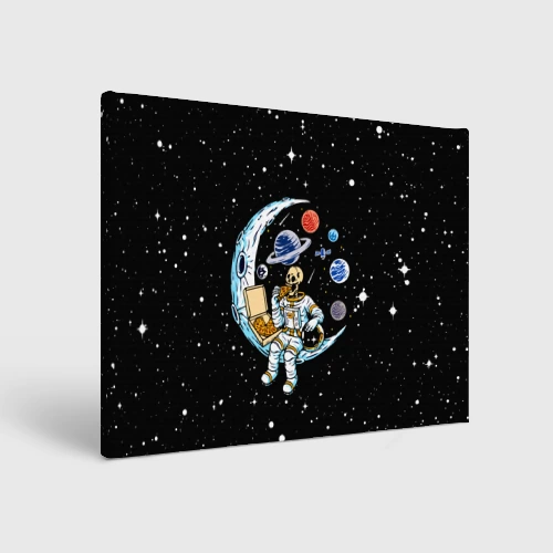 Холст прямоугольный Skeleton astronaut eats pizza while sitting on the moon