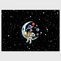 Поздравительная открытка Skeleton astronaut eats pizza while sitting on the moon