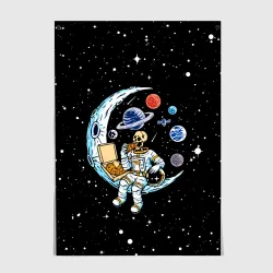 Постер Skeleton astronaut eats pizza while sitting on the moon