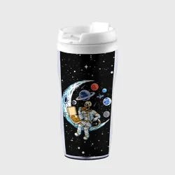 Термокружка-непроливайка Skeleton astronaut eats pizza while sitting on the moon