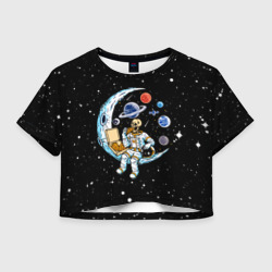 Женская футболка Crop-top 3D Skeleton astronaut eats pizza while sitting on the moon