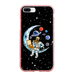 Чехол для iPhone 7Plus/8 Plus матовый Skeleton astronaut eats pizza while sitting on the moon