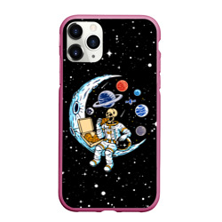 Чехол для iPhone 11 Pro матовый Skeleton astronaut eats pizza while sitting on the moon