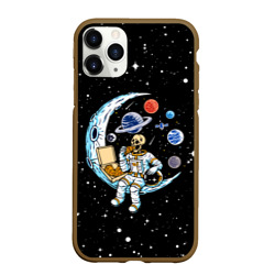 Чехол для iPhone 11 Pro Max матовый Skeleton astronaut eats pizza while sitting on the moon