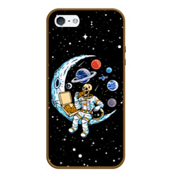 Чехол для iPhone 5/5S матовый Skeleton astronaut eats pizza while sitting on the moon