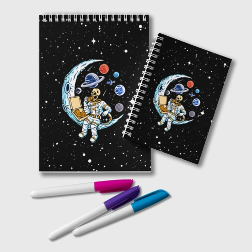 Блокнот Skeleton astronaut eats pizza while sitting on the moon