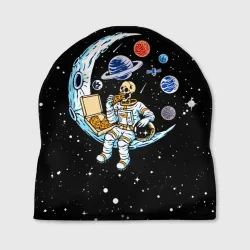 Шапка 3D Skeleton astronaut eats pizza while sitting on the moon