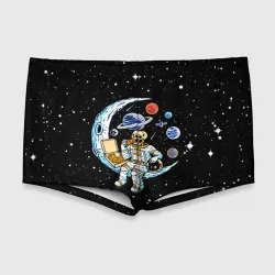 Мужские купальные плавки 3D Skeleton astronaut eats pizza while sitting on the moon