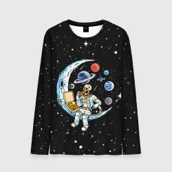 Мужской лонгслив 3D Skeleton astronaut eats pizza while sitting on the moon