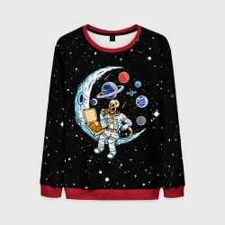 Мужской свитшот 3D Skeleton astronaut eats pizza while sitting on the moon