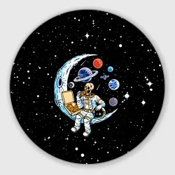 Круглый коврик для мышки Skeleton astronaut eats pizza while sitting on the moon
