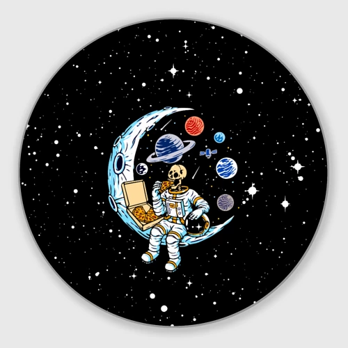 Круглый коврик для мышки Skeleton astronaut eats pizza while sitting on the moon
