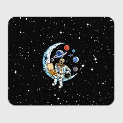 Прямоугольный коврик для мышки Skeleton astronaut eats pizza while sitting on the moon