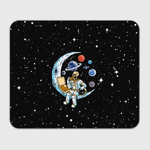 Прямоугольный коврик для мышки Skeleton astronaut eats pizza while sitting on the moon