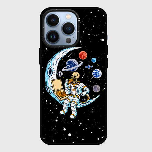 Чехол для iPhone 13 Pro Skeleton astronaut eats pizza while sitting on the moon, цвет черный