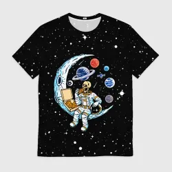 Мужская футболка 3D Skeleton astronaut eats pizza while sitting on the moon