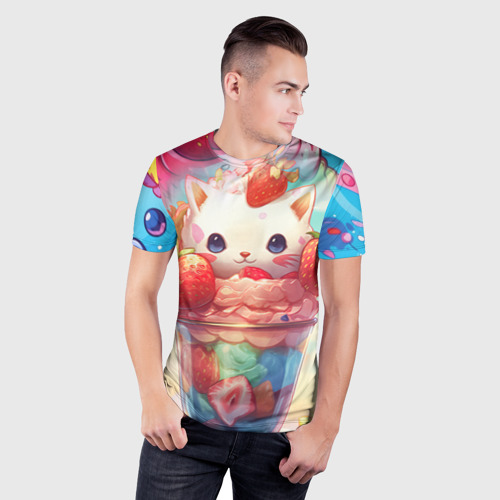 Мужская футболка 3D Slim с принтом Клубничный коктейль из котика, фото на моделе #1