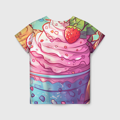 Детская футболка 3D с принтом Клубничное мороженое и котик, вид сзади #1