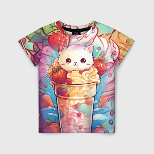 Детская футболка 3D с принтом Клубничное мороженое и котик, вид спереди #2