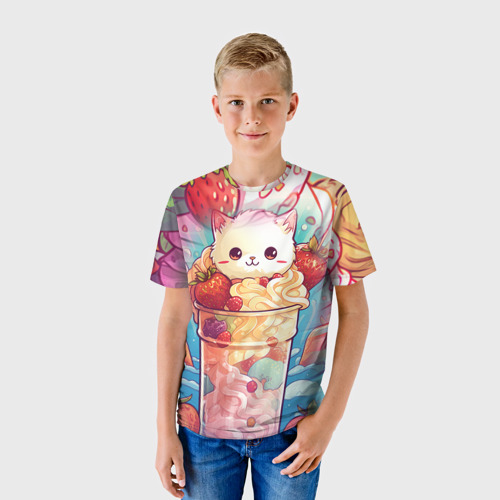 Детская футболка 3D с принтом Клубничное мороженое и котик, фото на моделе #1