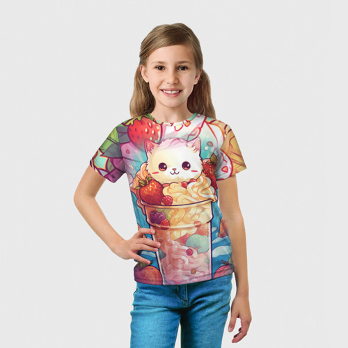Детская футболка 3D с принтом Клубничное мороженое и котик, вид сбоку #3