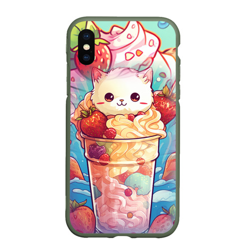 Чехол для iPhone XS Max матовый с принтом Клубничное мороженое и котик, вид спереди #2